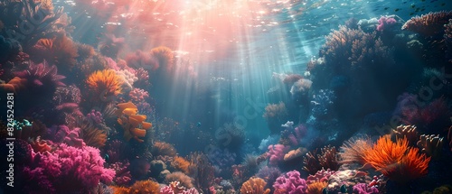 A vibrant coral reef scene underwater with various fish, displaying the beauty of marine life