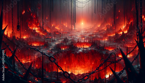 A haunting landscape filled with torture chambers and fiery pits. Chains and thorns adorn the landscape. The eerie red light cast deep, unsteady shadows.