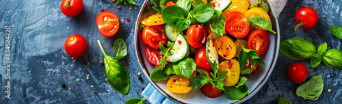 Fresh Vegetable Salad on a Rustic Background. A vibrant and fresh vegetable salad featuring a mix of cherry tomatoes, cucumber slices, and fresh basil leaves, all beautifully arranged in a bowl on a r
