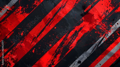 Abstract background with diagonal red and black stripes on grunge metal wall, paint splashes and scratches