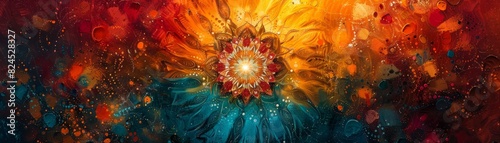 Colorful abstract painting with vibrant red, orange, and blue hues radiating from a central point resembling a flower in bloom.
