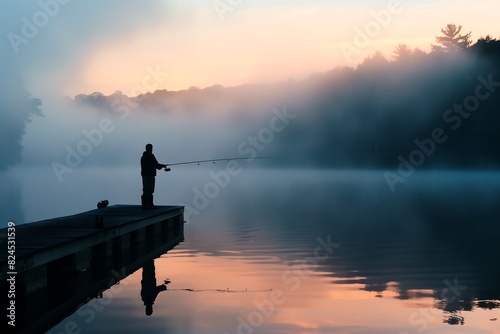 a man fishing in the morning standing on a dock