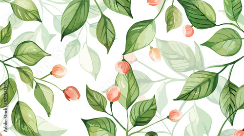 Watercolor green leaves pink buds floral background 