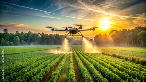Drone sprayer flies over the agricultural field. Smart farming and precision agriculture