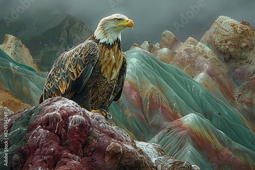 Depicting a eagle in a rocky world with green mountains full photo