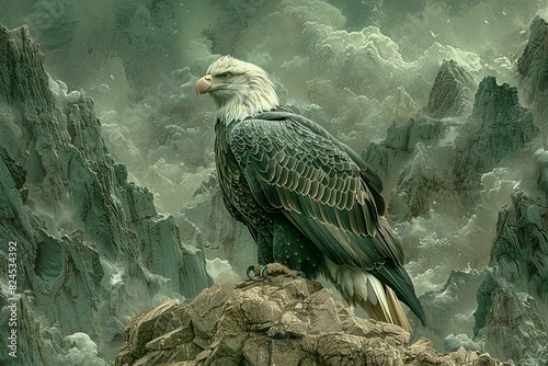 Eagle in a rocky world with green mountains full photo