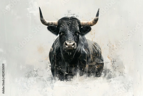 Digital image of bull with great horns sitting on a white background