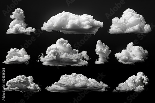 Featuring a white clouds of various shapes on a black background, photorealistic
