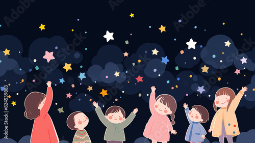Hand drawn cartoon beautiful children watching stars at night Children's Day illustration 