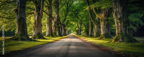 Serene tree-lined road in a lush green forest, offering a peaceful and tranquil nature scene, perfect for relaxation and escape.