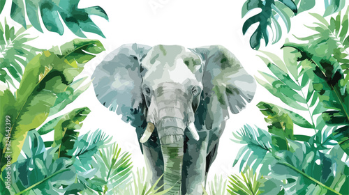 Watercolor Illustration elephant and tropical leaves