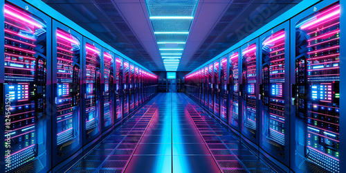 Futuristic data center with server racks and led lights ,Data center with multiple rows of fully operational server racks room, background 