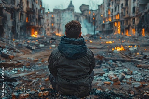 A man sits on the ground in front of destroyed buildings, city after war. Concept for postapocalyptic, wasteland or world end theme.