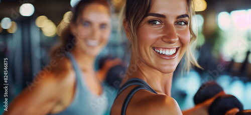 Smiling woman in a gym with a friend in the background