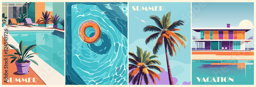 Set of summer posters in retro style with a pool, colorful buildings, palm trees. Summer time, vacation digital prints, cover template. Vector illustration. 