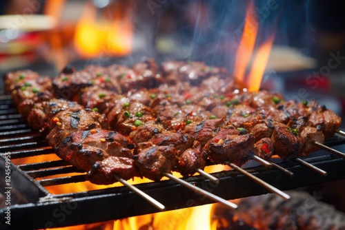 Turkish kebabs grilling on open flames in a vibrant market.