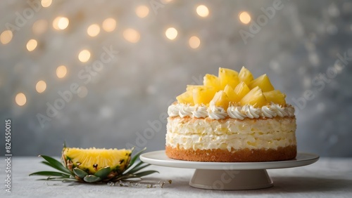 Pineapple layer cake on cake stand with white background and bokeh effect. 