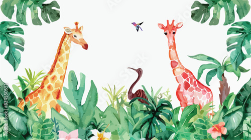 Watercolor Illustration safari animals in garden