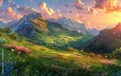  Beautiful sunset over the green mountains with grass and clouds. A photo of an epic landscape with majestic peaks, golden sunlight rays shining through them. Created with Ai