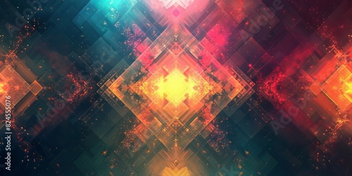 A vibrant abstract background featuring geometric squares and stars in a colorful arrangement