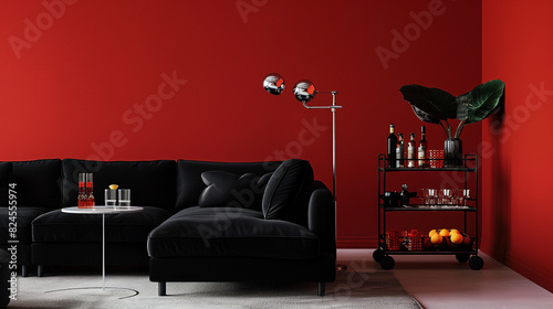 A black corner sofa with a red wall backdrop, featuring a stylish bar cart ready for entertaining guests. 