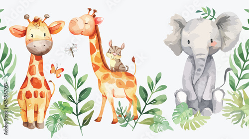 Watercolor safari animals in summer sticker Vector illustration