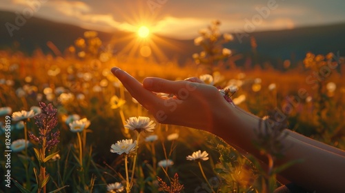 A person extending their hand amidst a field of vibrant flowers, connecting with nature in a serene setting