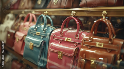 A variety of colorful purses neatly arranged on a shelf in a store