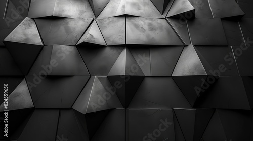 Abstract geometric black pyramid pattern wall with shadows and highlights forming an intricate, repetitive 3D design.