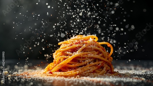 Delicious Tomato Spaghetti with Parmesan Cheese on Dark Background for Food Design Concepts