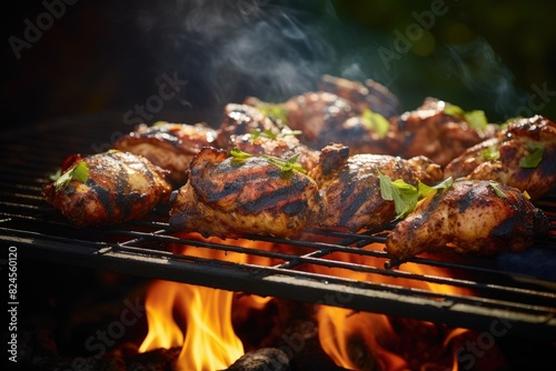 Jamaican jerk chicken on a smoky grill.