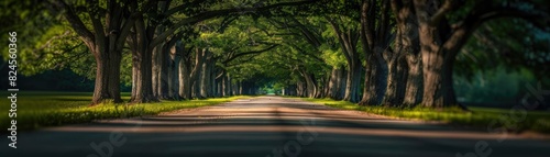 Beautiful tree-lined avenue with lush green foliage creating a scenic and tranquil pathway bathed in natural light.