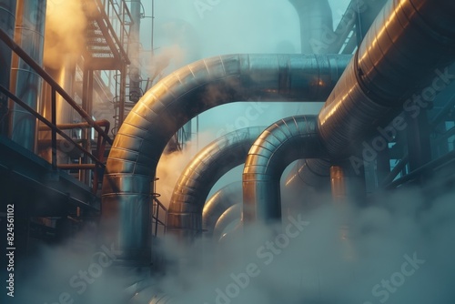 Steam pipes immersed in fog, showcasing heating systems and pipelines. Crucial for the field of heat power engineering, focusing on industrial equipment and material maintenance
