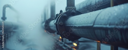 Steam pipes enveloped in fog, depicting heating systems and pipelines. Important for heat power engineering and the maintenance of critical industrial equipment and materials