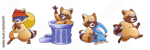 Cute brown racoon mascot character in different poses. Cartoon funny wild animal in black face mask stealing bag and sneaking, sitting in trash can and waving hand, hugging pack of chips and running.