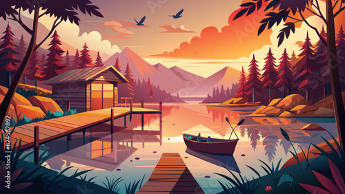 Serene Lakeside Sunset with Cabin and Canoe Illustration. Vector illustration of Hush Vacation