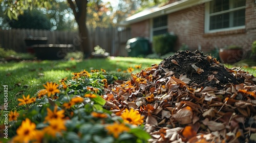 Environmental conservation concept, A compost pile in a backyard, showing sustainable waste management practices to enrich soil and reduce landfill use. Realistic Photo,
