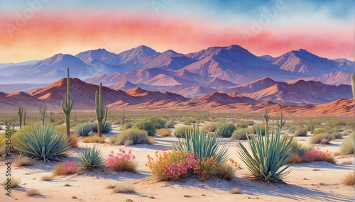 Colorful Desert Scene with Cacti and Mountains