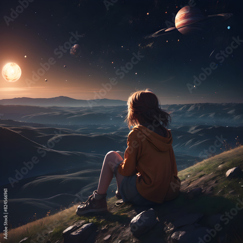 Girl sitting on a hill overlooking the sky, stars planets jupiter