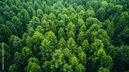 Environmental conservation concept, A dense forest canopy viewed from above, underscoring the significance of preserving forest ecosystems. Realistic Photo,