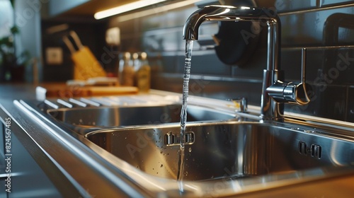 Top mount sink in a luxurious kitchen, detailed close-up, isolated background with studio lighting, showcasing ease of installation and compatibility for advertising