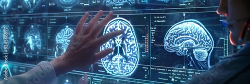 In a hospital medical research center, doctor colleagues gather around an interactive touch screen table to study MRI scans of the brain. They search for a cure for Alzheimer's disease.