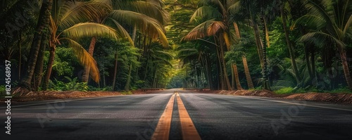 Scenic road leading through lush, green forest with towering palm trees, offering a serene and tranquil nature landscape for peaceful travel.