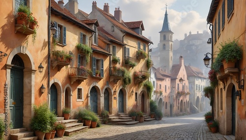 A quaint European town street with colorful buildings, potted plants, and a picturesque atmosphere