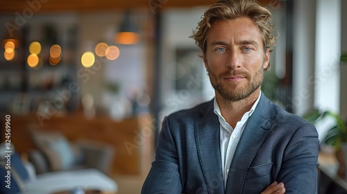 seo banker broker financial director gorgeous serious caucasian wealthy business man in a suit standing with crossed arms at office illustration photo