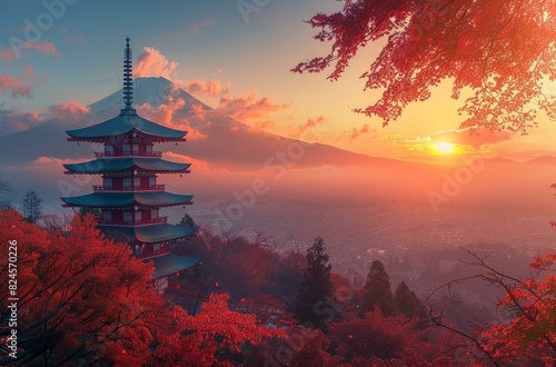 Mount Fuji and Pagoda in Autumn Colors