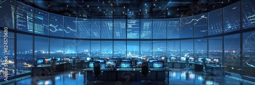 In a modern airport tower at night, a diverse team of air traffic controllers monitor aircraft flight radar data on desktop computers.