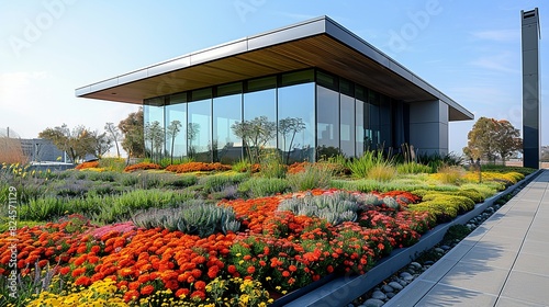 Environmental conservation concept, A green roof on a commercial building, highlighting urban solutions for reducing heat islands and improving air quality. Realistic Photo,