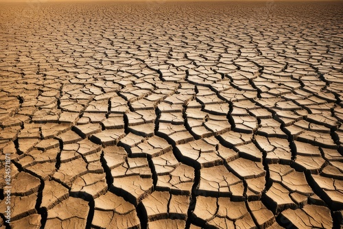 Desertification depicted - cracked parched land due to droughts.