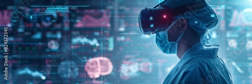 Using virtual reality headsets, Neurosurgeon uses controllers to remotely operate patient with medical robot. High-tech breakthrough in medical treatment.